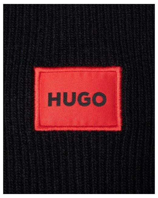 HUGO Black Xaff 6 Knitted Beanie Hat With Ribbing And Logo Label for men