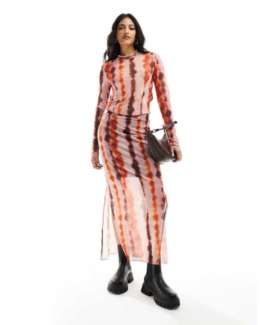 Pieces Red Tie Dye Jersey Midi Skirt Co-Ord
