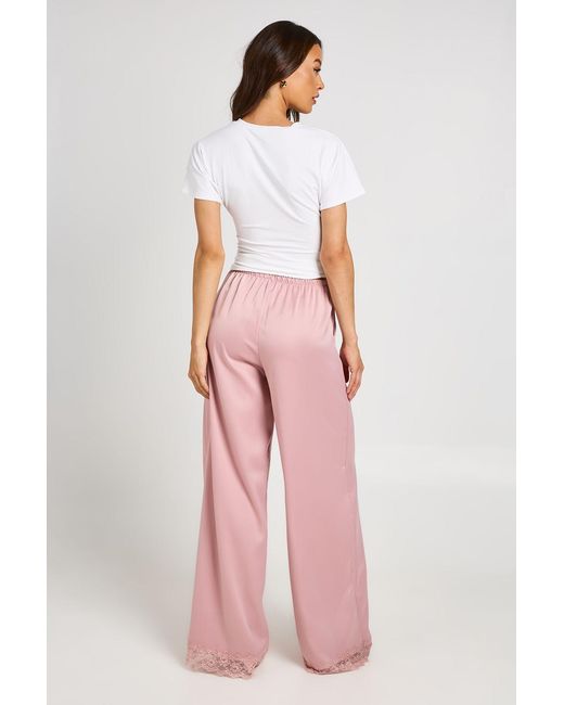 Boohoo Pink Tall Satin Lace Trim Wide Leg Trousers