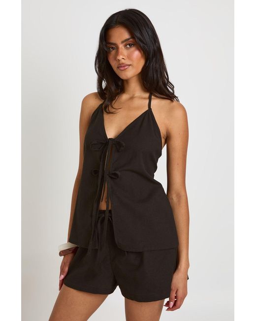 Boohoo Black Linen Look Tie Front Cami And Tie Side Short Co-Ord