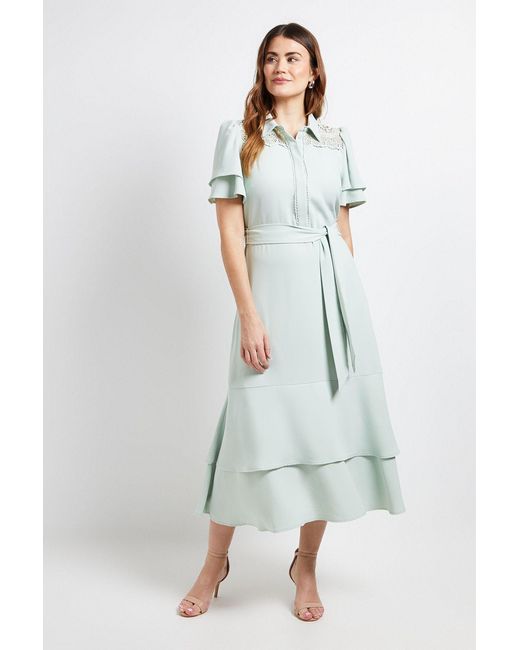 Wallis Multicolor Lace Insert Ruffle Sleeve Midi Dress