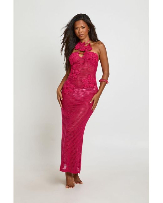 Boohoo Red Crochet Flower Applique Halter Maxi Dress