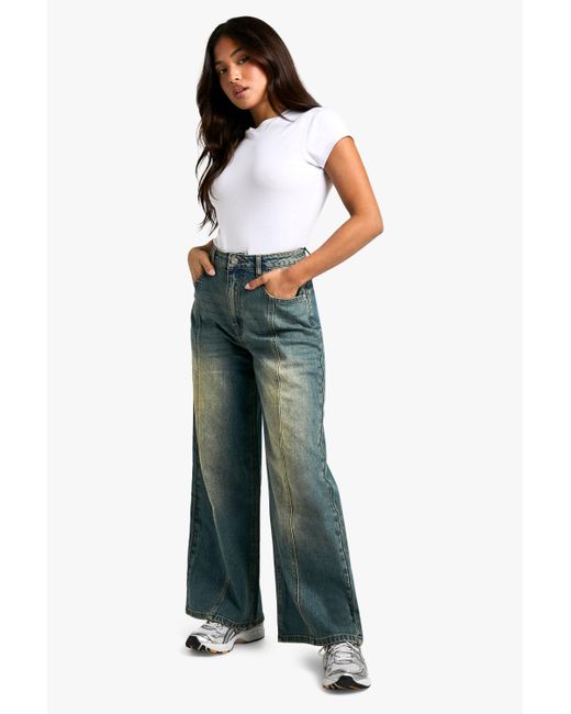 Boohoo Green Petite Seam Detail Straight Leg Jeans