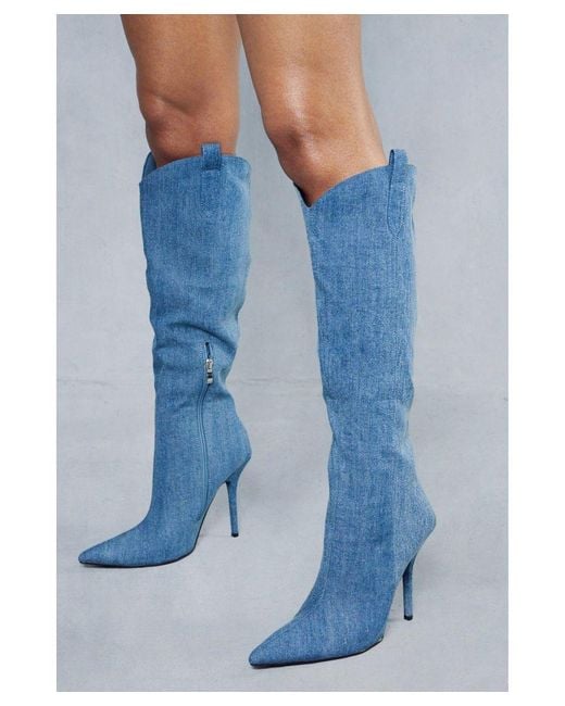 MissPap Blue Denim Cowboy Knee High Boots