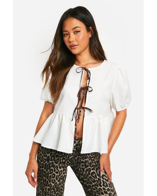 Boohoo White Contrast Leopard Tie Bow Top