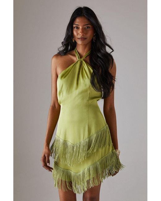 Warehouse Green Hen Satin Crinkle Fringe Knot Halter Mini Dress