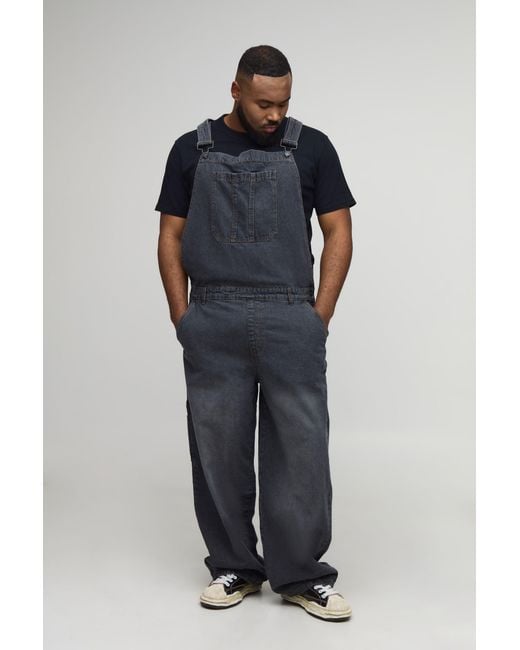 BoohooMAN Blue Plus Washed Baggy Dungarees Cotton for men