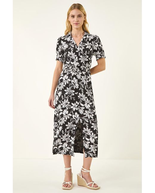 Roman White Floral Shirred Collared Midi Dress
