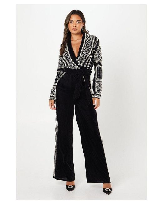 Coast Blue Pearl Beaded Velvet Wrap Jumpsuit
