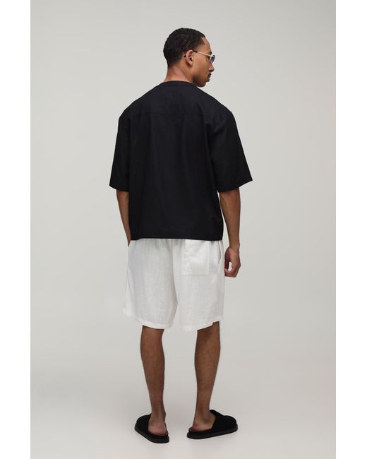 BoohooMAN Blue Oversized Boxy Linen Blend Half Sleeve Henley Shirt for men