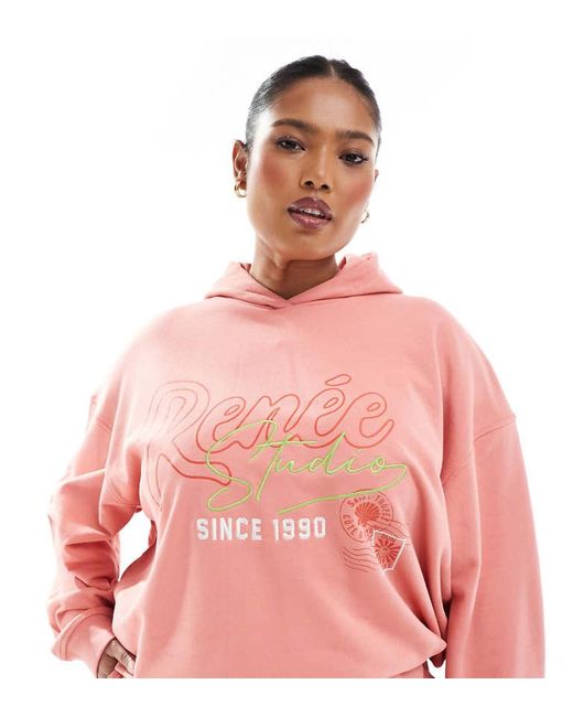 Renee Studio Pink Plus Exclusive Embroidered Logo Graphic Hoodie Co-Ord