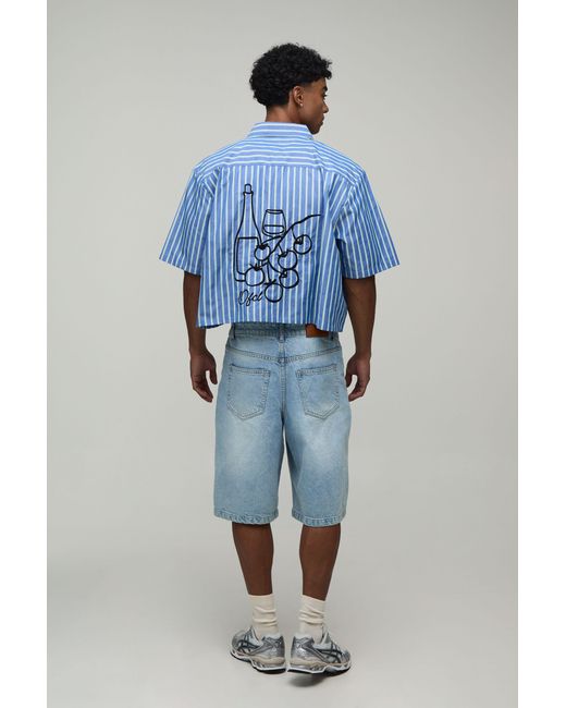 BoohooMAN Blue Boxy Crop Stripe Sketch Embroidered Shirt for men