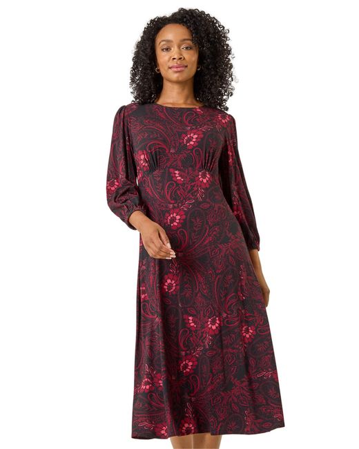 Roman Red Petite Abstract Print Midi Stretch Dress