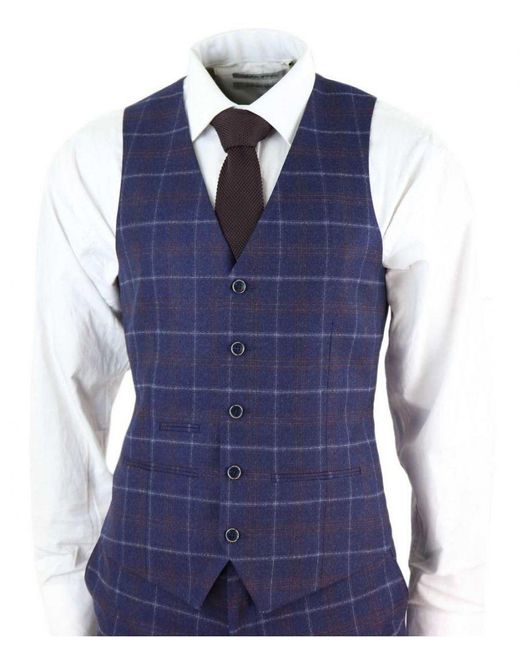 Paul Andrew Blue 3 Piece Wool Check Retro Suit Tweed for men