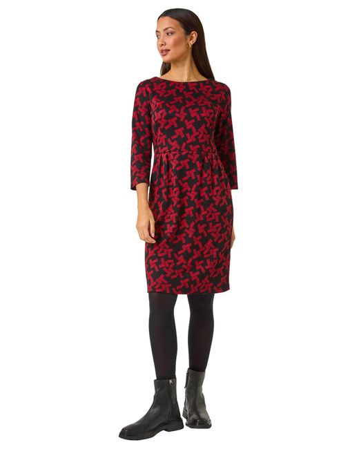 Roman Red Geometric Pleated Pocket Shift Dress