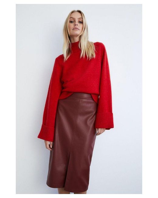 Warehouse Red Split Front Faux Leather Pencil Skirt