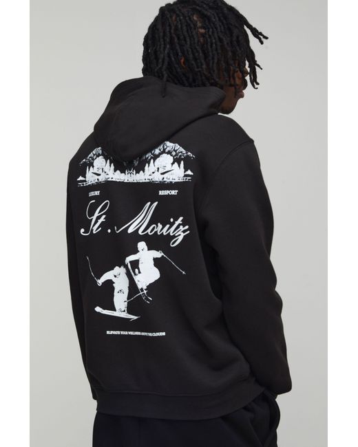BoohooMAN Black Tall Relaxed Fit Mont Blanc Ski Graphic Hoodie Cotton for men