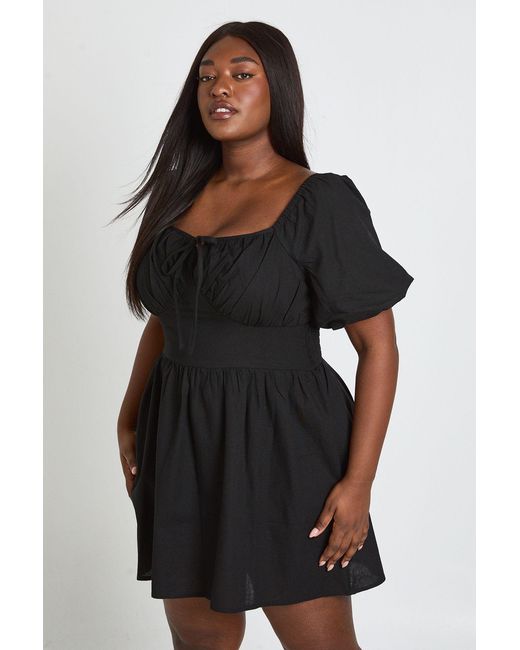 Boohoo Black Plus Linen Look Volume Sleeve Mini Dress