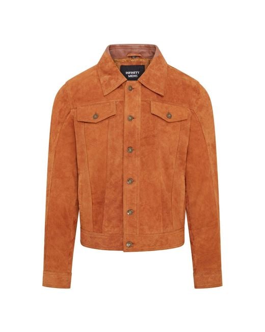Infinity Leather Orange Trucker Goat Suede Western Jeans Jacket for men