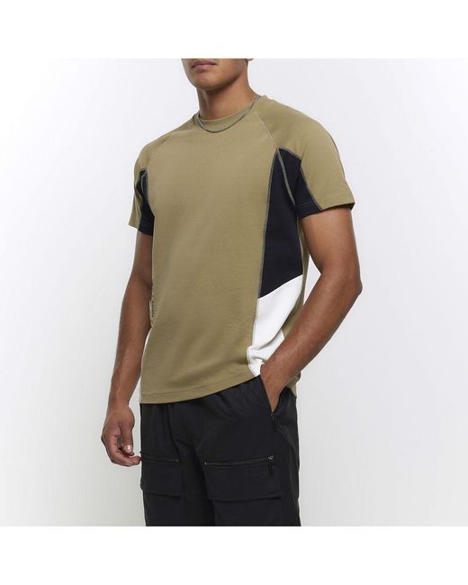 River Island Green T-shirt Khaki Regular Fit Colour Block Panel Cotton for men