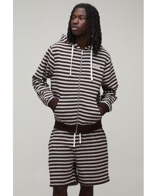 BoohooMAN Brown Regular Fit Stripe Zip Through Hooded Short Tracksuit for men