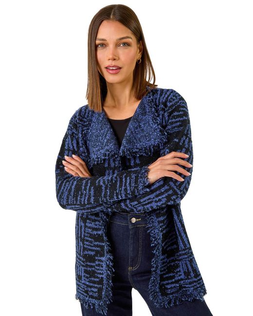 Roman Blue Textured Fringe Collar Detail Cardigan