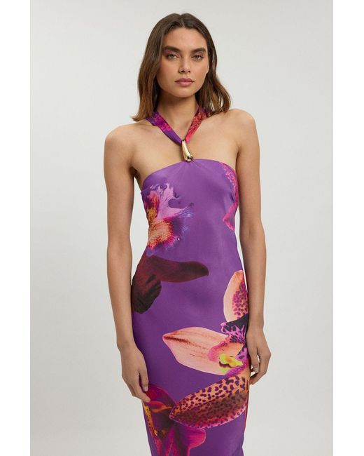Karen Millen Purple Petite Viscose Satin Floral Print Halter Neck Maxi Dress