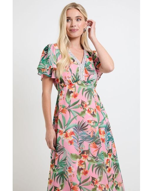 Wallis White Petite Floral Chiffon Sequin Insert Midi Dress
