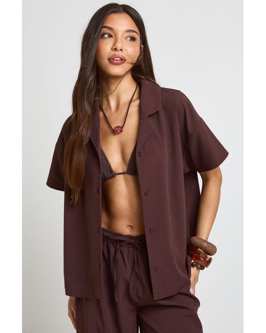 Boohoo Brown Essentials Oversized Textured Short Sleeve Beach Shirt