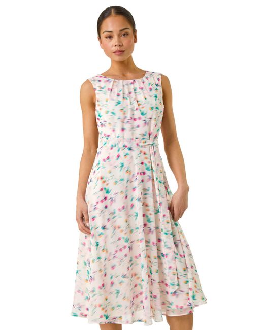 Roman White Petite Abstract Print Pleated Midi Dress