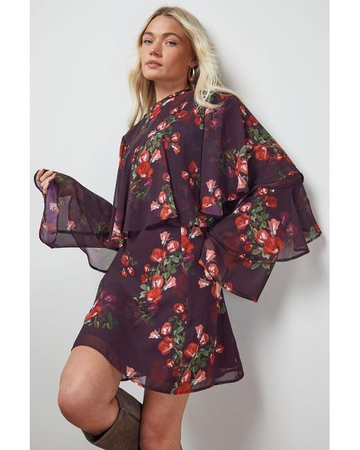 Oasis Red Ruffled Cape Sleeve Mini Dress