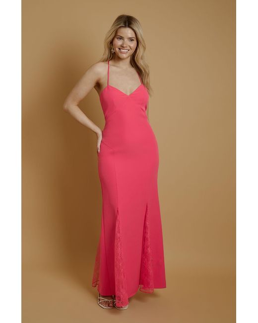 Oasis Red Lace Godet Crepe Maxi Dress