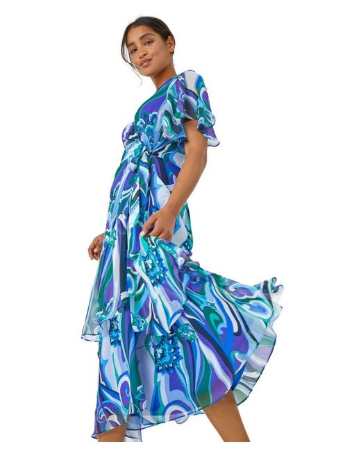 Roman Blue Floral Swirl Print Tiered Midi Wrap Dress
