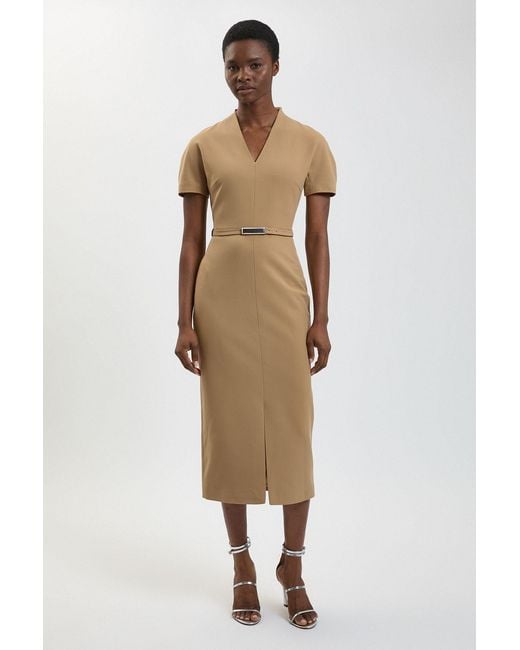Karen Millen Natural Compact Stretch Tailored Belted Midi Pencil Dress