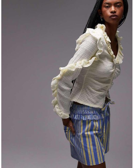 laagam Gray Textured Ruffle Front Button Up Blouse