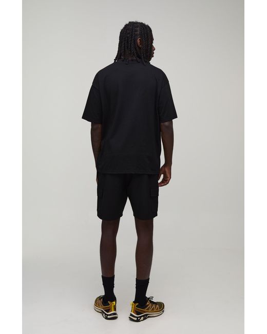 BoohooMAN Black Slim Fit Elasticated Technical Stretch Cargo Shorts for men