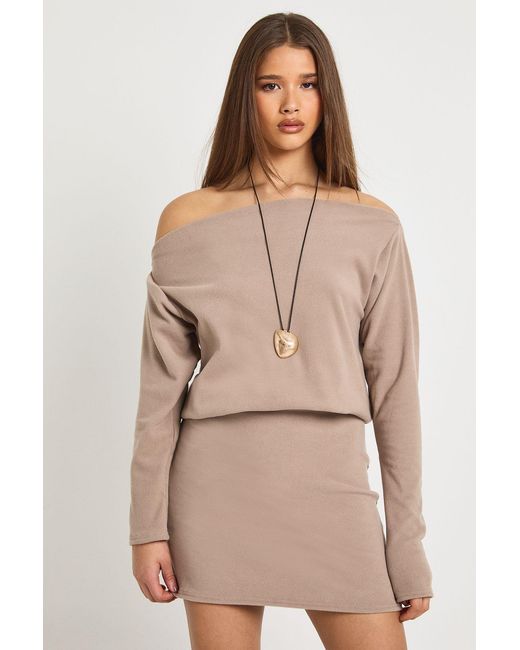 Boohoo Natural Brushed Rib Off Shoulder Mini Dress