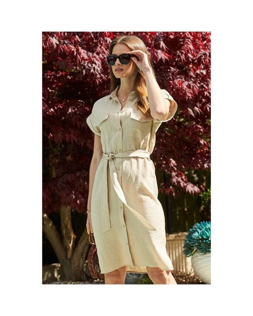 Sosandar Brown Natural Linen Short Sleeve Belted Shirt Dress