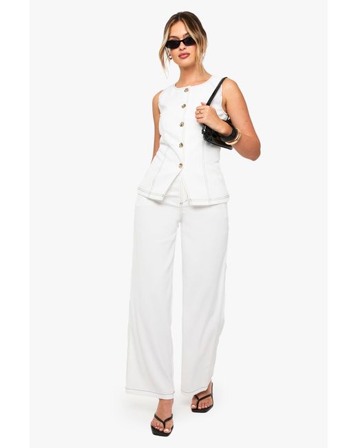 Boohoo White Contrast Stitch Button Straight Leg Trouser