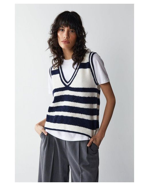 Warehouse Gray Knitted Crochet Pointelle Stripe Sweater Vest