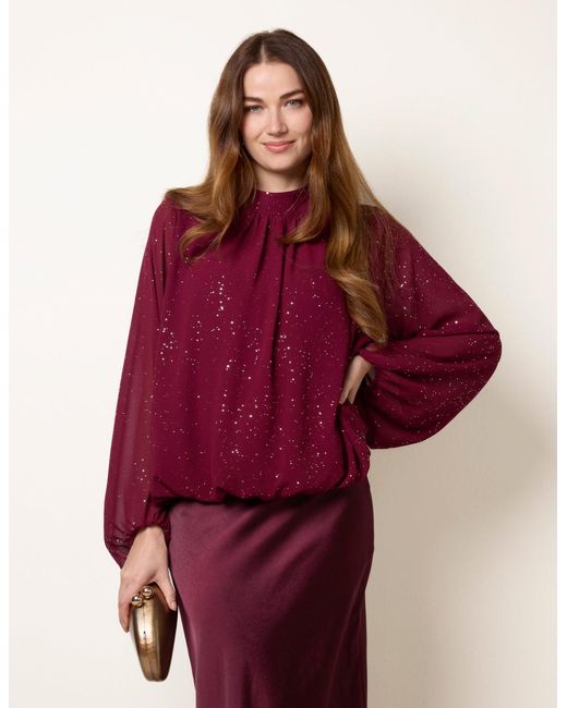 Blue Vanilla Red Metallic Sparkle Chiffon High Neck Puffball Top