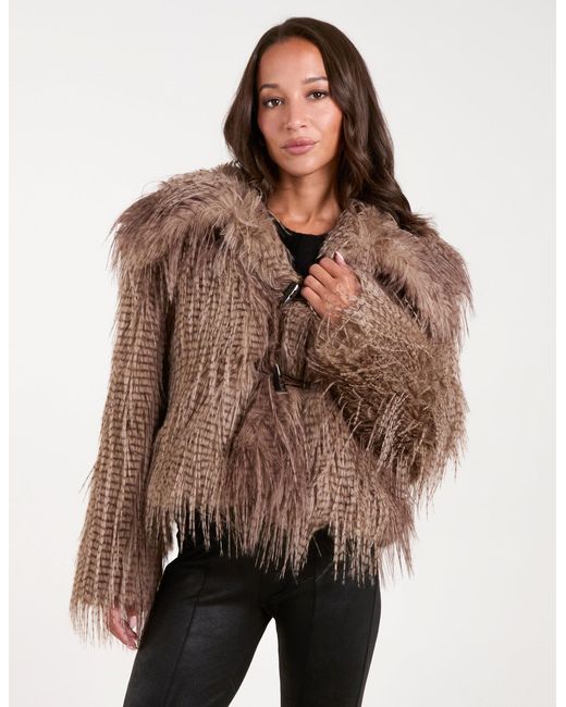 Blue Vanilla Brown Toggle Detail Faux Fur Coat