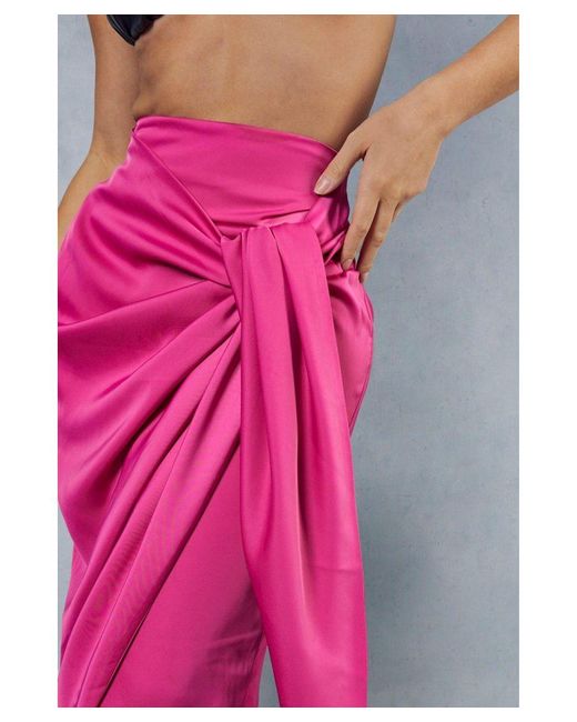 MissPap Pink Satin High Waisted Wrap Midi Skirt