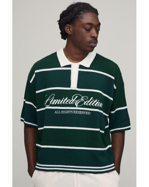 BoohooMAN Green Regular Varsity Striped Embroidered Knitted Polo for men