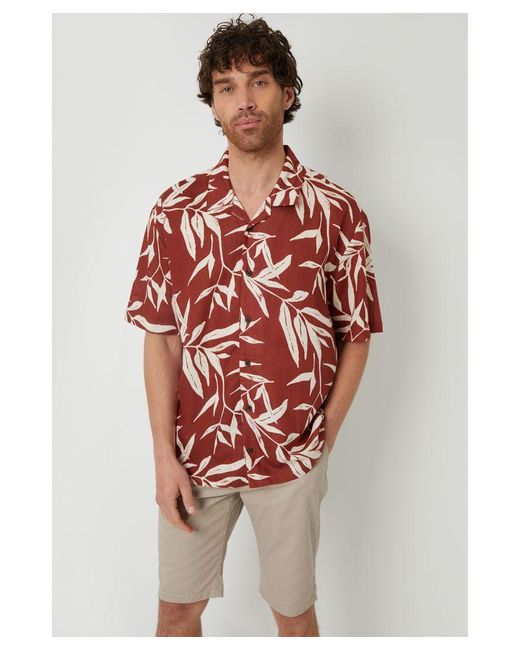 Threadbare Red Terracotta 'Bamba' Revere Collar Leaf Print Short Sleeve Shirt for men