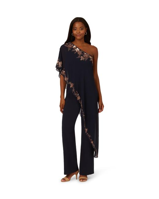Adrianna Papell Blue One Shoulder Overlay Jumpsuit