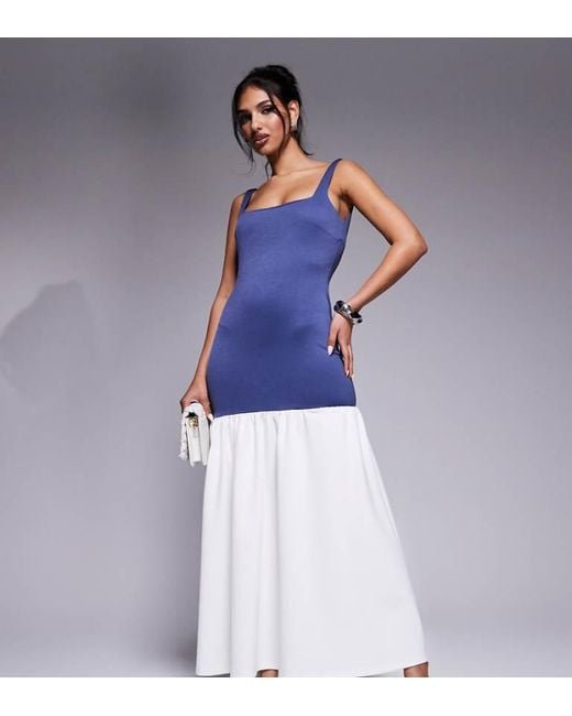 Kaiia Blue Exclusive Square Neck Contrast Drop Waist Maxi Dress