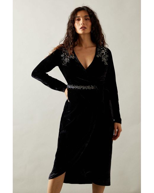 Wallis Occasion Velvet Embellished Wrap Midi Dress in Black | Lyst UK