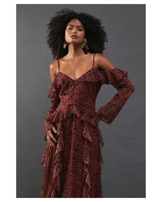 Warehouse Chiffon Animal Print Cold Shoulder Ruffle Detail Maxi Dress in Brown Lyst UK