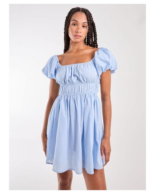 Pink Vanilla Blue Puff Sleeve Romper Dress